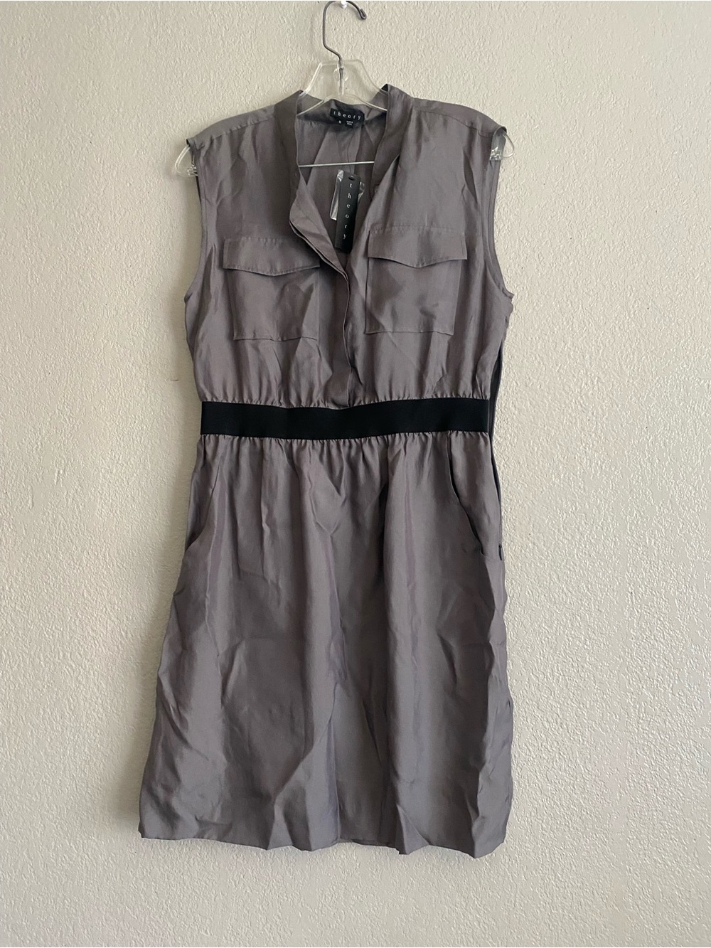 Theory Messina  Gray Sleeveless Utility Dress with Black Waist